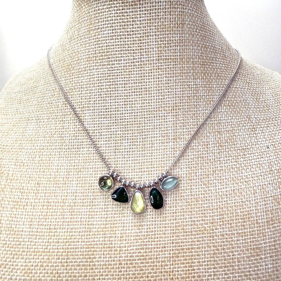 Lia Sophia Silver Tone Necklace W/ Green & Yellow Gemstone Charms Adjustable - Picture 2 of 6
